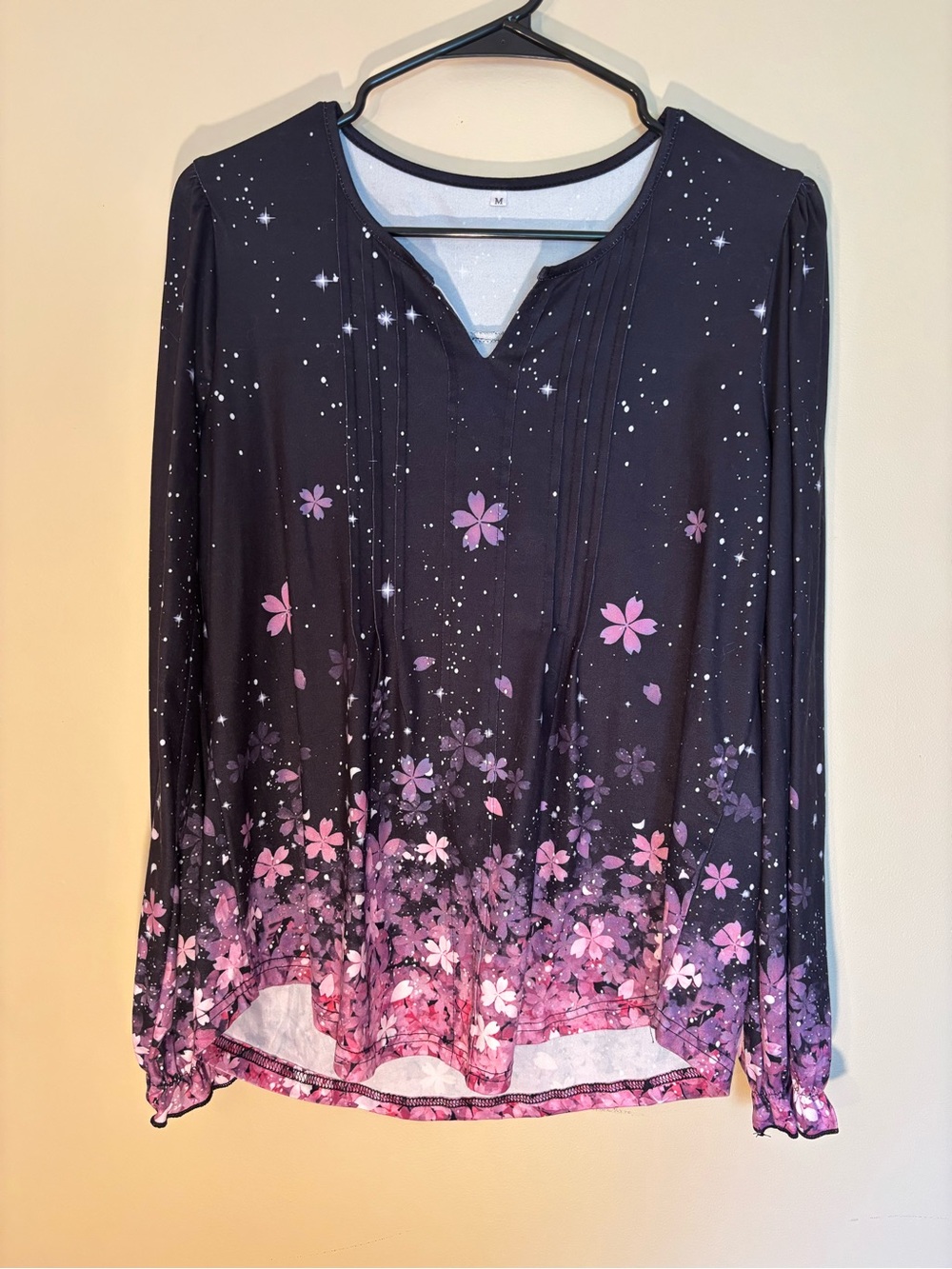Floral Ombre Long-Sleeve Tunic Top - Black with Pink Floral